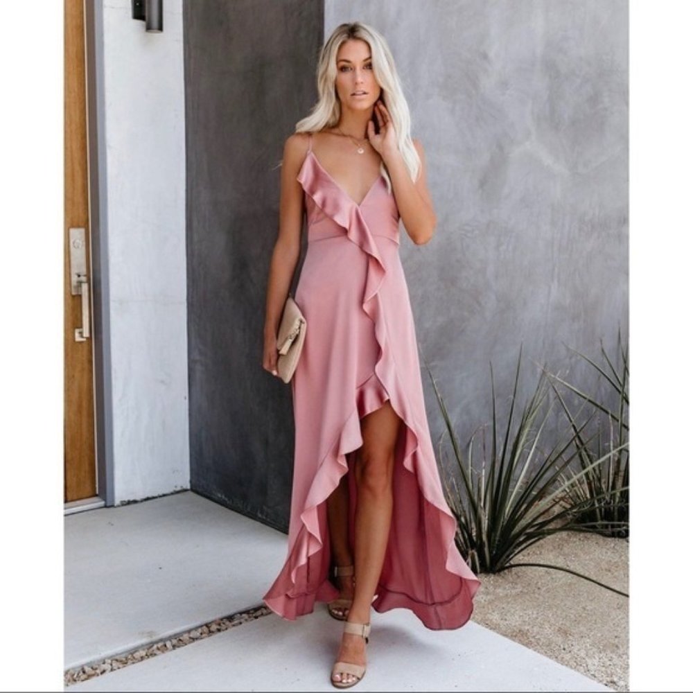 Vici Dolls Best Guest Satin Ruffle Maxi Dress in pink